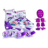 Patins Quad Roxo Tam./ajustável + Kit Proteção Rodinhas Led