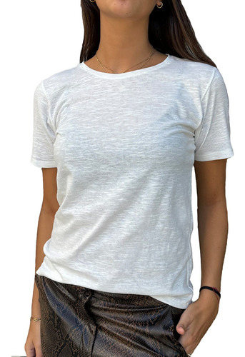 Remera Mujer Básica Algodon Flamé Premium Cuello Redondo