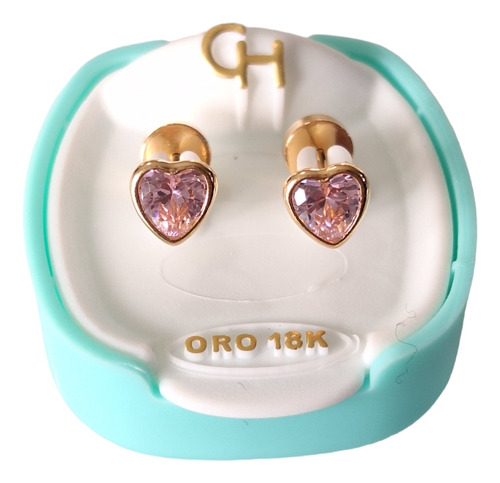 Aros Abridores Corazón C/ Cubic Rosa. Ch Oro 18k.