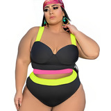 Plus Size Conjunto De Biquíni Neon Moda Praia Levanta Bumbum