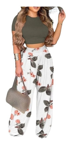 Conjunto Pantalón Palazzo Gris Flores Crop Top Sexy Girlboss