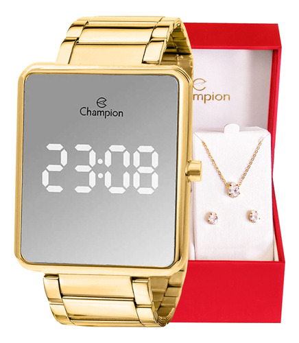 Kit Relógio Feminino Champion Digital Dourado Quadrado