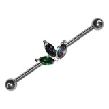 Piercing Industrial Flor 3 Zirconias Verdes Tornasoladas 14g