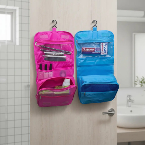 Kit 2 Necessaire Rosa Azul Viagem Gancho 9 Divisórias Promo