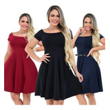 Vestido Rodado Midi Soltinho Acinturado Em Suplex Kit Com 3