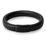 Pulsera Manilla Hombre En Cuero Trenzado Negro Y Acero 