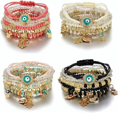 4 Set Pulseras Amistad Cuentas Boho Multicapa Evil Eye Hamsa