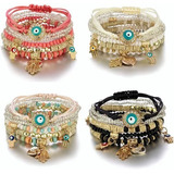 4 Set Pulseras Amistad Cuentas Boho Multicapa Evil Eye Hamsa