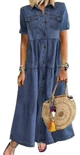 Women's Long Loose Denim Dress Short Sleeve 1