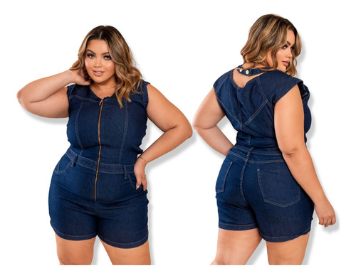 Macaquinho Curto Feminino Jeans Com Lycra Plus Size