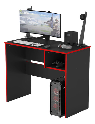 Escritorio Gamer Pc Melamina Negro Y Rojo 90 Cm Mesa Oficina