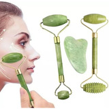 Kit Skincare Massageador 2 Pedra Rolo Jade + Placa Gua Sha