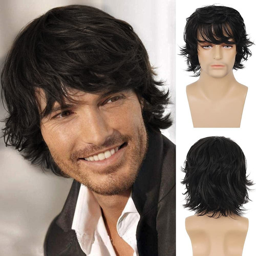 Peluca Para Hombres Corta Rizado Cabello Moda Castaña Negra