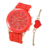 Reloj Pulsera Cuarzo Casual Moda Elegante Rojo Set 2 Pz