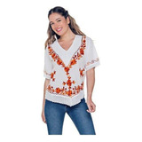 Blusa Algodón Blanca Con Escote En V Manga Corta Bordada 