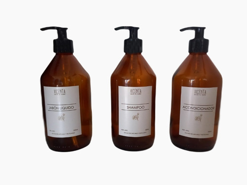 Set Dispenser X3 Vidrio Ámbar Jabón Shampoo Acondicionador 