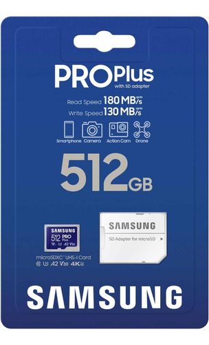 Samsung Pro Plus 512gb 4k U3 A2 V30 180mb/s + Adaptador Sd