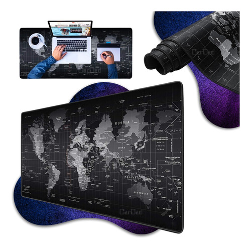 Deskpad Mousepad 70x35 Grande Couro Sintetico Preto Mapa Gg