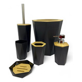 Kit Banheiro Lavabo Tampa Bambu Sextavado Preto 6pçs