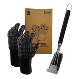 Pack Set Cepillo Inox + 2 Guantes Alta Temperatura Asado Bbq