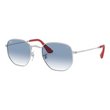 Anteojos De Sol Ray-ban Round Scuderia Ferrari Collection Mediano Con Marco De Metal Color Polished Silver, Lente Light Blue De Cristal Degradada, Varilla Polished Silver/red De Metal/cuero - Rb3548nm