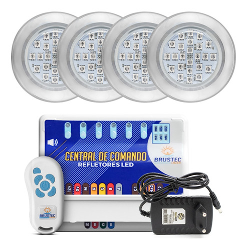 Kit Iluminação Piscina 04 Leds 5w Inox Rgb + Central Timer