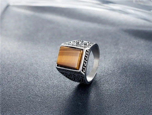 Nuevo Anillo Ojo Tigre Piedra Natural Acero A283 Titanio