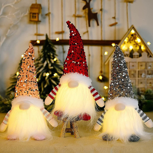 3 Gnomos Navideños Iluminados Con Lentejuelas, Papá Noel