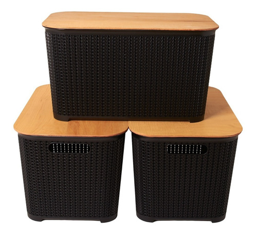 Set X3 Cajas Organizadoras Simil Rattan Tapa Madera 53x33x29