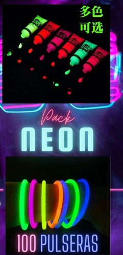 Set 6 Pinturas Corporal Neon + 100 Pulseras Flúor Luminosas 