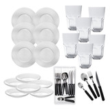 Set 6 Platos Playos + 6 Hondos + Vasos Vidrio + 24 Cubiertos