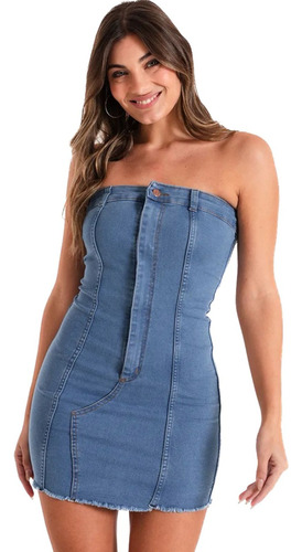 Vestido Mujer Jean Elastizado Strapless Ajustado Corto Mini