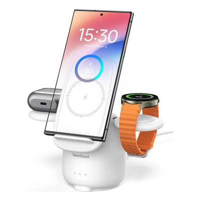 SwanScout 707S Blanco - Estación de Carga 3 en 1 Inalámbrica para Samsung, compatible con Galaxy S25 Ultra\u002FS24\u002FS23\u002FS22\u002FS21\u002FNote 20, Z Flip 7\u002FZ Fold 6, Watch 8\u002FUltra\u002F7\u002F6\u002F5 y Buds | Meses sin interés