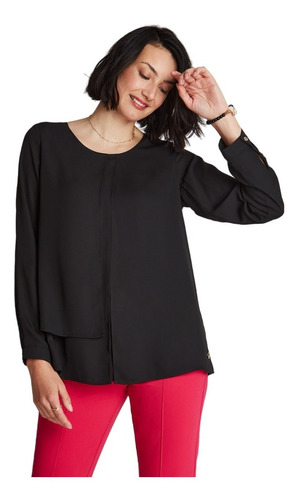 Blusa Con Capas Manga Larga Cuello Redondo - Negro