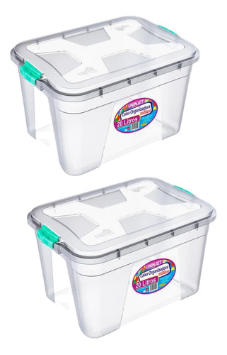 Kit 2 Box Caixa Plástico Empilhável 20l C/ Tampa Organiza Cor Transparente