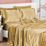 Jogo De Lençol  Cama King 4 Peças Cetim Seda Sublime Cor Dourado