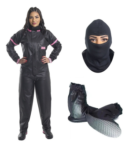 Kit Capa De Chuva Feminina Motoqueira Polaina E Balaclava 