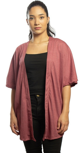 Cardigan Kimono De Malha Feminino De Manga Curta Sem Estampa