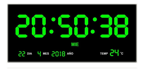 Reloj Digital De Pared Led Verde Termometro Calendario 36x15 Color De La Estructura Negro Color Del Fondo Negro