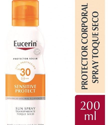 Protector Solar Eucerin Sensitive Protect Sin Tono Fps 30 Toque Seco En Spray 1 Unidad De 200 Ml