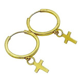 Brinco Argola Com Pingente Cruz Ouro 18k-750 Cor Dourado