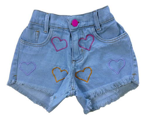 Short Jeans Bordado Feminino Infantil E Juvenil Com Bolsos