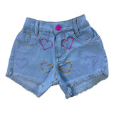 Short Jeans Bordado Feminino Infantil E Juvenil Com Bolsos