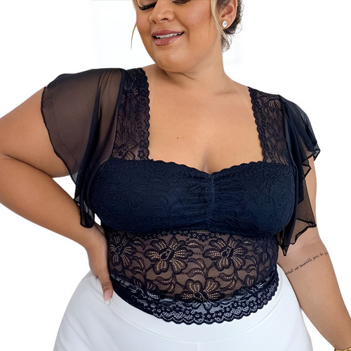 Blusinha Em Renda Plus Size Cropped Sensual Plus Tule