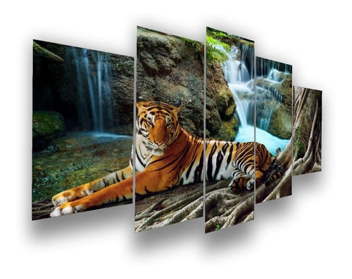 Quadro De Decoração Sala Tigre Cachoeira 5 Partes Mosaico