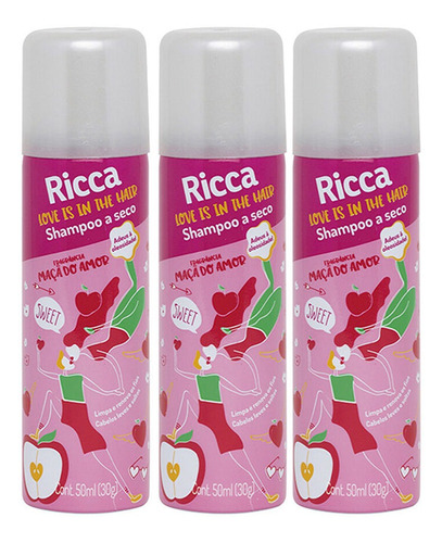 Kit 3 Shampoo A Seco Maçã Do Amor 50ml Doce Oleosidade Ricca