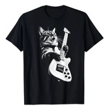 Camiseta Gato Rockero - Guitarra Eléctrica Blanco Y Negro