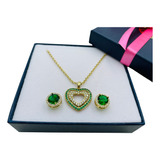 Set Collar Y Aretes Verde Esmeralda Con 4 Baños De Oro 18k