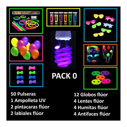 Set Fiesta Fluor, Fiesta Neon, Cotillon, Brillo Uv, Pack 0