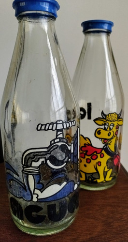 Set 2 Botellas Vintage Vidrio Decorado Agua Y Leche Con Tapa